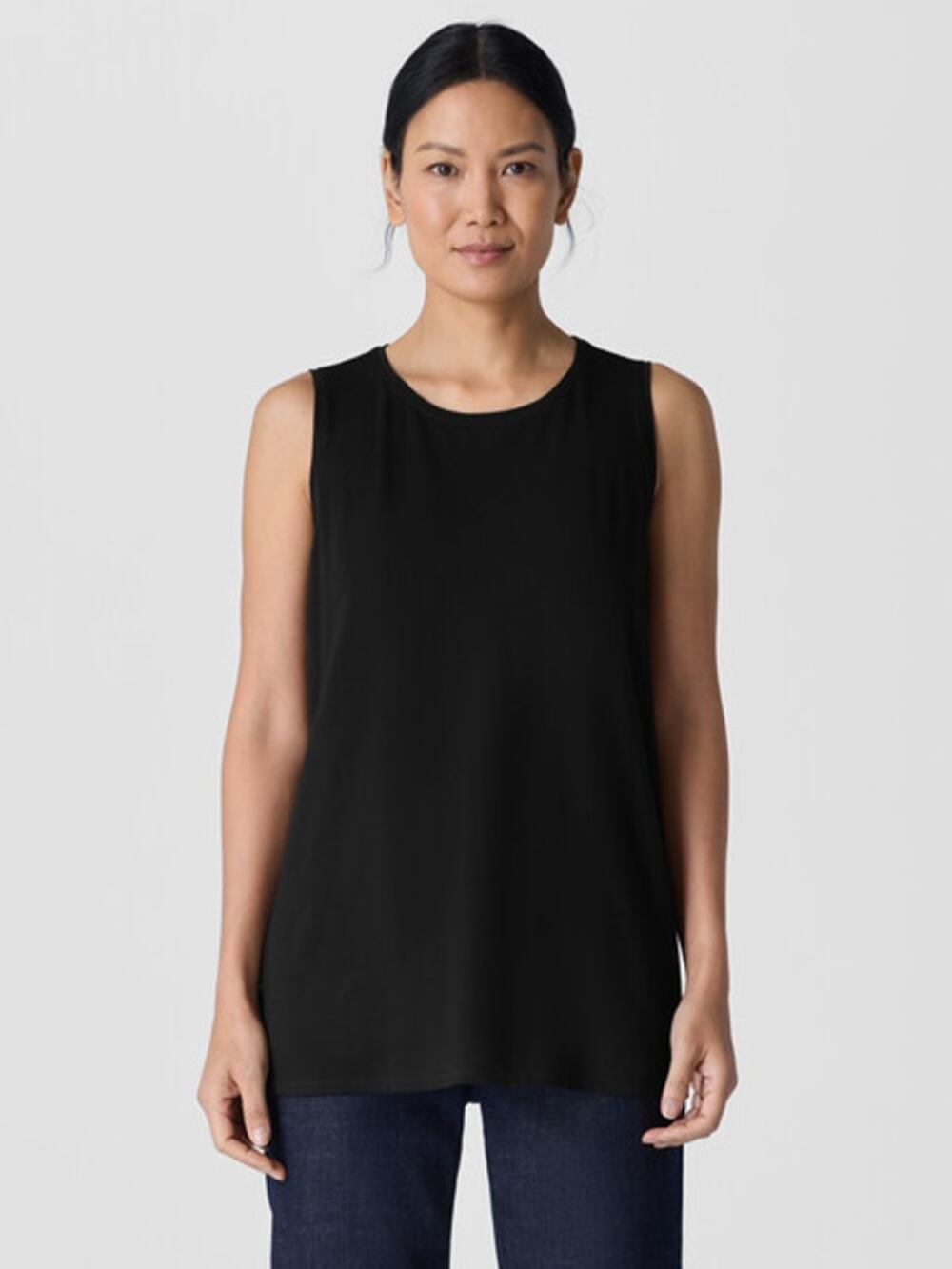 Eileen Fisher Stretch Asymetrical Jersey Knit Tank Top Large Black Scoop Neck